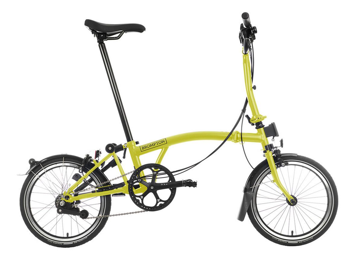 Brompton C Line Explore 2024 Yuzu Lime - 6 speed with Mid handlebar, with Front Carrier Block, with front/rear lights