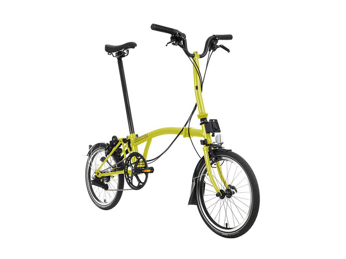 Brompton C Line Explore 2024 Yuzu Lime - 6 speed with Mid handlebar, with Front Carrier Block, with front/rear lights
