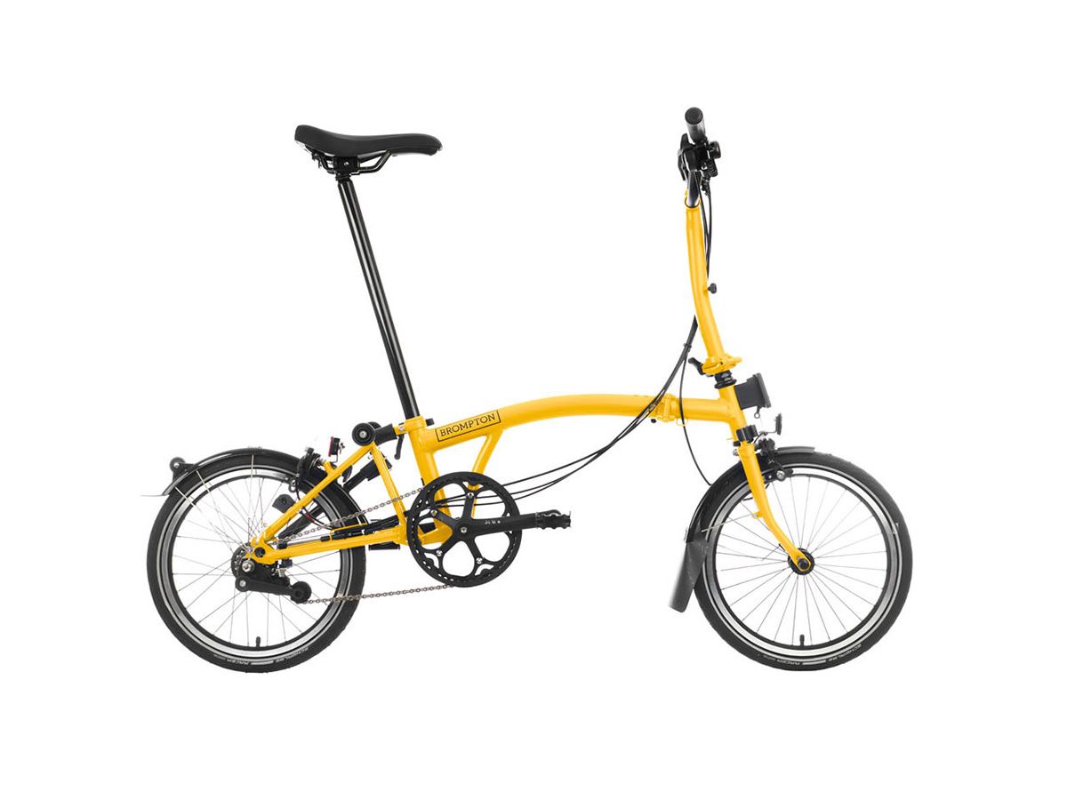 Brompton C Line Explore Bumblebee Yellow - 6 speed with Mid handlebar, with Front Carrier Block, with front/rear lights and roller frame