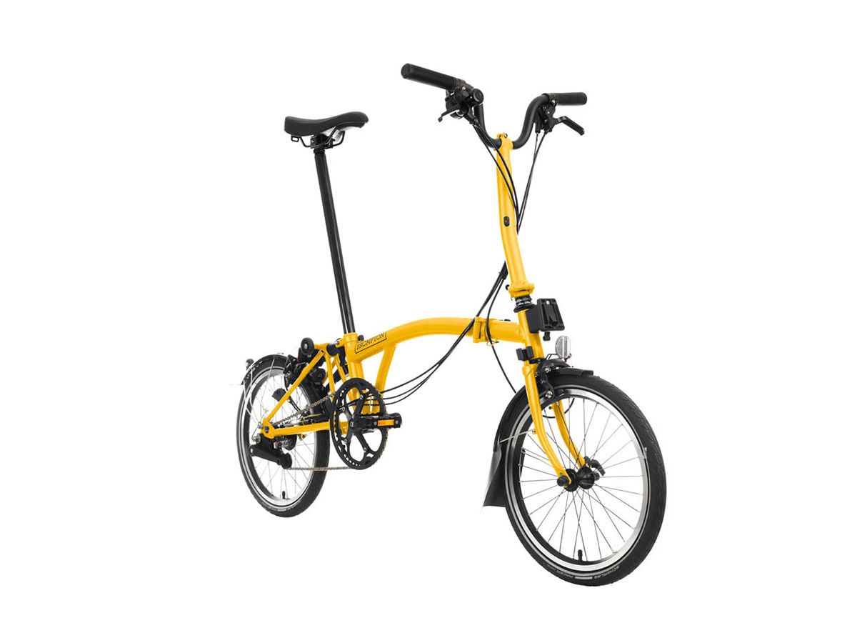 Brompton C Line Explore Bumblebee Yellow - 6 speed with Mid handlebar, with Front Carrier Block, with front/rear lights and roller frame
