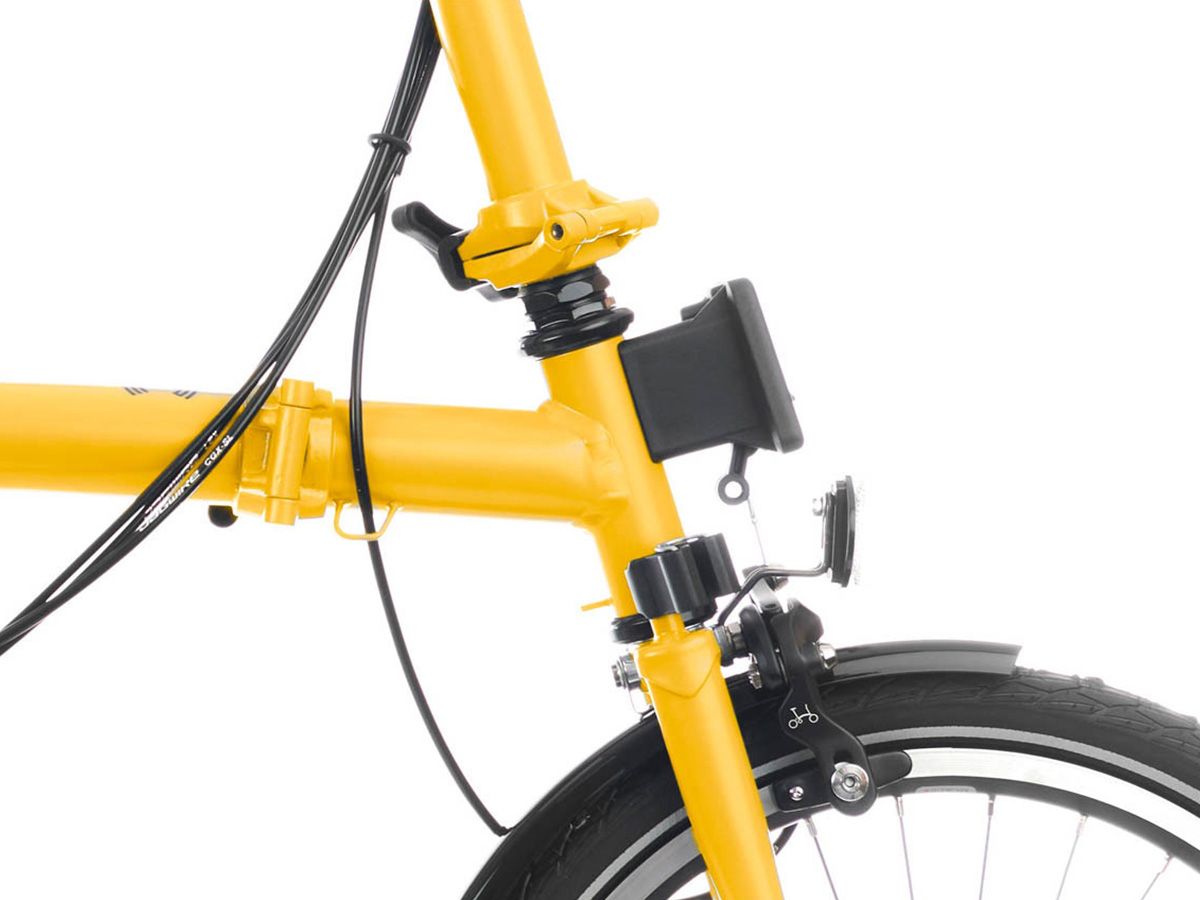 Brompton C Line Explore Bumblebee Yellow - 6 speed with Mid handlebar, with Front Carrier Block, with front/rear lights and roller frame